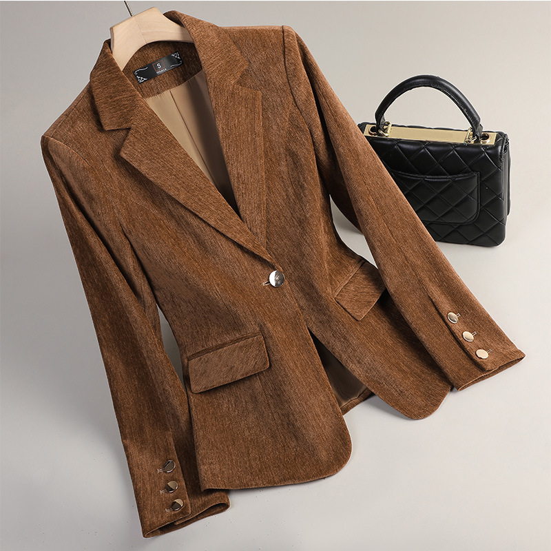 Women Formal Wear With Blazer - Żółta Złota Aksamitna Marynarka Damska Jesienno-Zimowa
