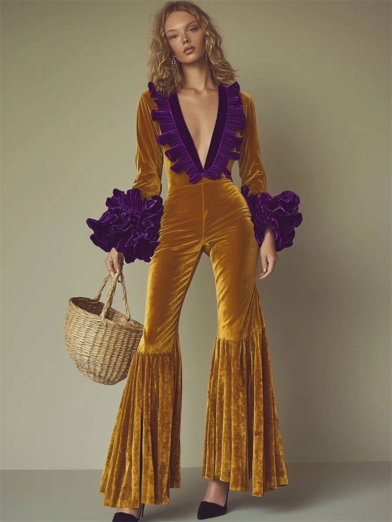 Women'S Formal Jumpsuit Evening Wear - Żółto-fioletowy aksamitny kombinezon damski, seksowny dekolt
